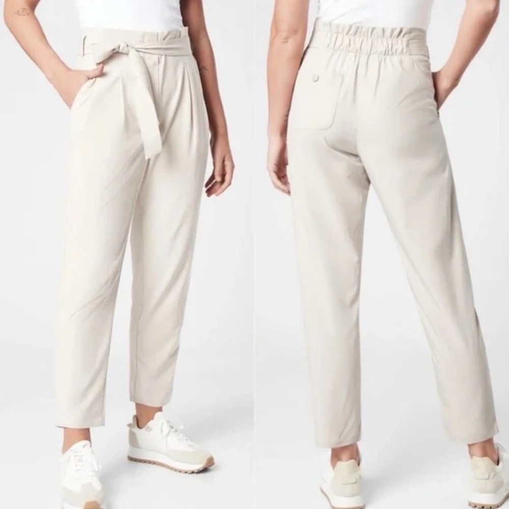 Athleta Skyline Pants II Womens SZ 10 Petite Beige Bone Paperbag Tie Waist Stain